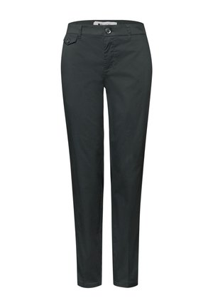 Pantalon noir slim avec bouton et fermeture éclair à l'avant, poches latérales, et jambes droites taillées, présenté sur un fond blanc.