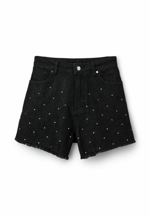 Schwarze Denim-Shorts mit ausgefranstem Saum und kleinen silbernen Nieten, die vorne verteilt sind, mit Vordertaschen und Knopfverschluss.