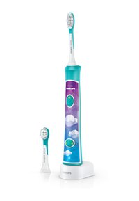 Brosse à dents électrique avec un design géométrique bleu et violet, une tête de brosse attachée, une tête de brosse supplémentaire, et une base de charge blanche avec le logo Philips.