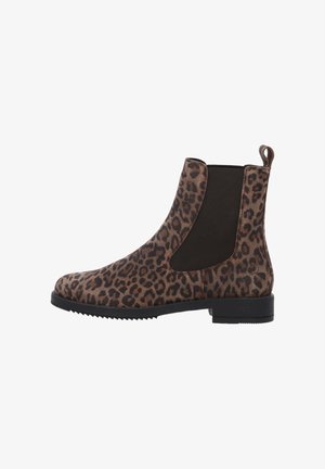 Bottes à cheville en imprimé léopard avec des panneaux élastiques sur les côtés, bout rond et semelle en caoutchouc noir. Elles présentent un petit talon et une languette à l'arrière.