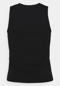 Top de punto acanalado negro sin mangas con cuello redondo, mostrado desde atrás sobre un fondo blanco liso.
