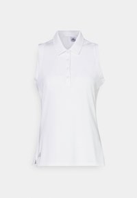 Bílá bezrukávová polo košile s límečkem, pěti knoflíky, bočními rozparky a nenápadným logem značky na lemu. Hladký, lehký materiál.