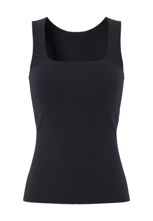 Camiseta negra sin mangas con tirantes anchos y escote cuadrado, ajustada en la cintura.