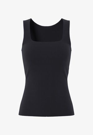 Camiseta negra sin mangas con tirantes anchos y escote cuadrado, ajustada en la cintura.