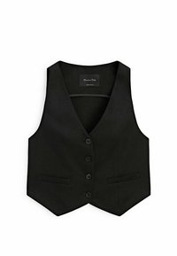 Zwarte gilet van gladde stof met een V-hals, zes knopen en twee voorzakken. Geen zichtbare details aan de achterkant.