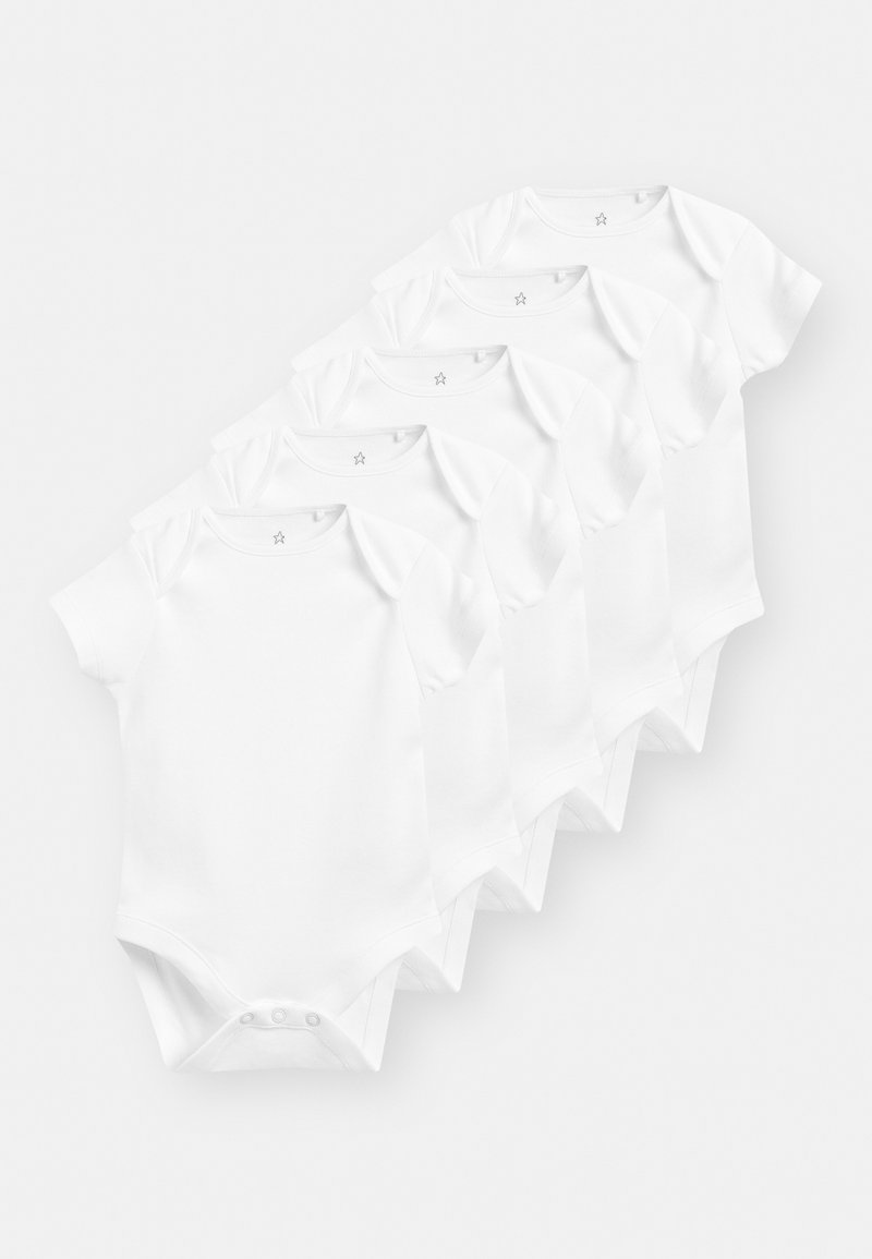 Set aus sechs einfarbigen weißen Kurzarm-Babybodys, aus weicher Baumwolle gefertigt, mit einem Umschlagkragen und Druckknopfverschlüssen im Bodenbereich.