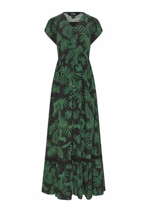 Zwarte maxi-jurk met groene tropische bladprint, korte mouwen, knopen aan de voorkant, getailleerde taille en uitlopende gerafelde zoom.
