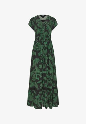 Zwarte maxi-jurk met groene tropische bladprint, korte mouwen, knopen aan de voorkant, getailleerde taille en uitlopende gerafelde zoom.