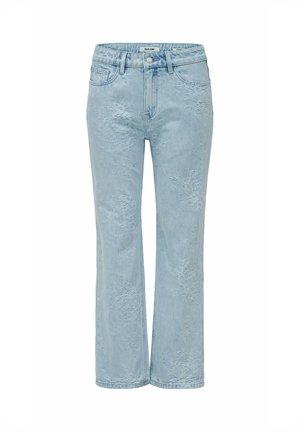 Vaqueros azul claro de corte recto con sutil bordado floral, cierre frontal con botones y cremallera, y trabillas para cinturón.