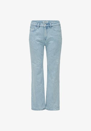 Jean bleu clair à coupe droite avec une broderie florale subtile, fermeture à boutons et zip à l'avant, et passants pour ceinture.