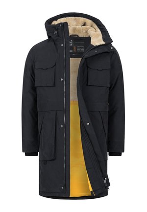 Veste parka noire avec fermeture éclair, dotée d'une doublure en polaire beige et d'un matériau intérieur jaune. Elle possède des poches poitrine et des poignets en côtelé.