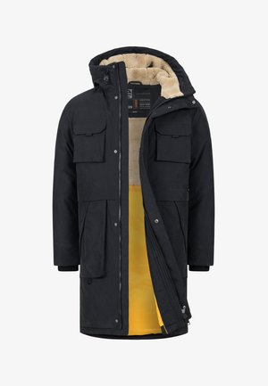 Schwarze Parkajacke mit Reißverschluss, ausgestattet mit einem beigen Fleece-Futter und gelbem Innenmaterial. Sie hat Brusttaschen und gerippte Bündchen.