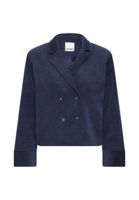 Blazer court en velours côtelé bleu marine, avec un design à double boutonnage, des revers crantés et de gros boutons. Texture côtelée sur les manches et le corps.