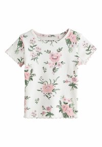 Short-sleeved floral t-shirt in ribbed white fabric, featuring pink and green flowers with a scalloped neckline and sleeves.