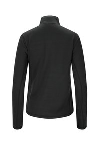 Zwarte longsleeve shirt met een halve rits kraag, met een soepele textuur en een aansluitend ontwerp, zichtbare stiksels langs de zijkanten.
