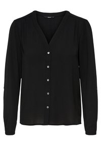 Blusa nera a maniche lunghe con scollo a V, chiusura frontale a bottoni e dettagli plissettati sulle spalle, realizzata in tessuto leggero.