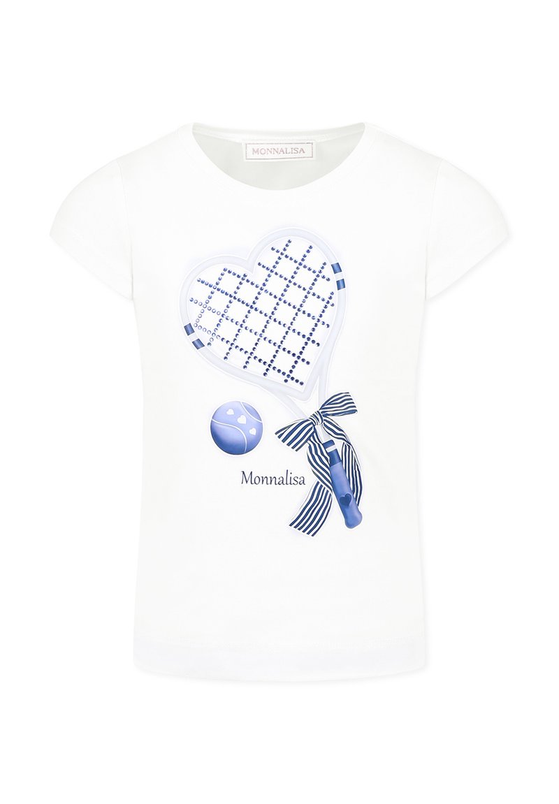 T-shirt bianco in cotone con un motivo a cuore blu con strass, una racchetta da tennis e un dettaglio in nastro a righe. Marchio: Monnalisa.