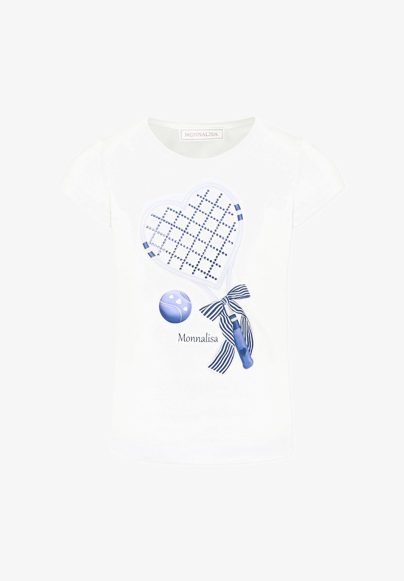 T-shirt bianco in cotone con un motivo a cuore blu con strass, una racchetta da tennis e un dettaglio in nastro a righe. Marchio: Monnalisa.