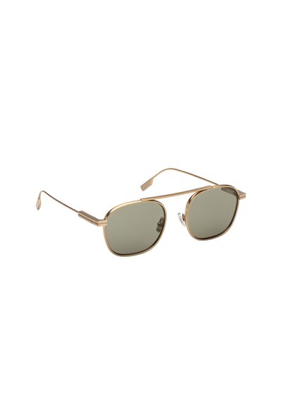 Gold metal-framed rectangular sunglasses with green tinted lenses and adjustable nose pads against a white background.