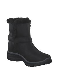 Botte noire à la cheville en cuir lisse avec un revers en fausse fourrure, bout rond et semelle en caoutchouc dotée d'un motif de grip texturé.