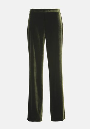 Diep groene fluwelen wijde broek met een platte tailleband en zijnaad, die een zachte textuur en elegante val biedt.