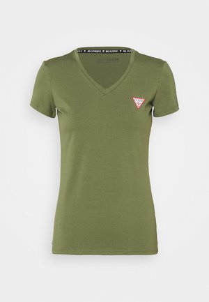 Green short-sleeve V-neck women's T-shirt with a small red and white Guess logo on the left chest.