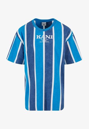 Blauwwitte gestreepte T-shirt met een ronde halslijn. Kenmerkt zich door het merk "KANI" in witte tekst op de borst. Gemaakt van katoen, korte mouwen.