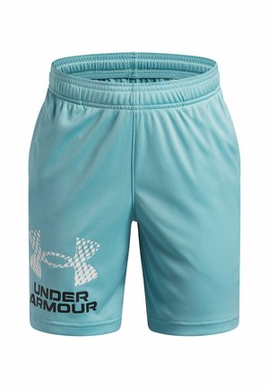 Lichtblauwe sportshorts gemaakt van gladde stof met een elastische tailleband. Voorzien van een groot wit Under Armour-logo aan de linkerkant.