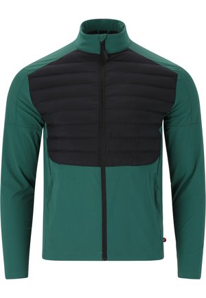 Grüne und schwarze Zip-Jacke mit gepolsterter Vorderseite, langen Ärmeln, hohem Kragen und glattem Stoff. Merkmale kontrastierende Texturen und ein elegantes Design.