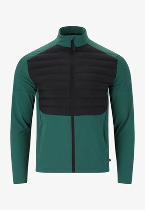 Grüne und schwarze Zip-Jacke mit gepolsterter Vorderseite, langen Ärmeln, hohem Kragen und glattem Stoff. Merkmale kontrastierende Texturen und ein elegantes Design.