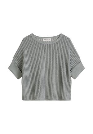 Hellgrauer kurzärmeliger Strickpullover mit gerippten Bündchen und rundem Ausschnitt, mit einem strukturierten vertikal gestreiften Muster.