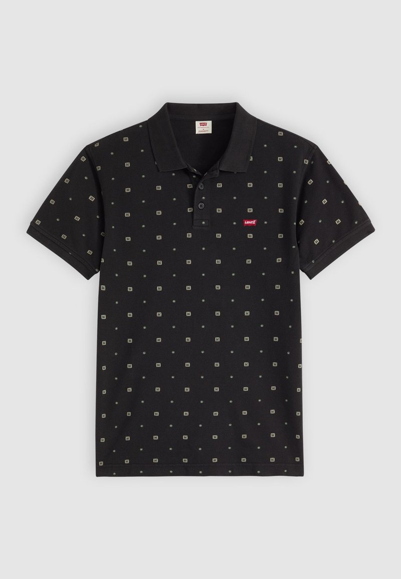 Schwarzes Poloshirt mit Kragen, kurzen Ärmeln und einem gemusterten Design mit kleinen Quadraten und Punkten. Rotes Logo auf der Brust.