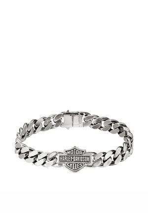 Silver chain bracelet with a central Harley-Davidson Motor Cycles logo plate and a clasp engraved with Thomas Sabo.
