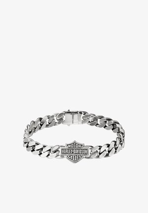 Srebrna bransoletka łańcuszkowa z centralną blaszką z logo Harley-Davidson Motor Cycles i zapięciem z grawerem Thomas Sabo.