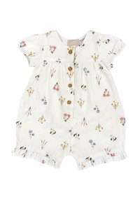 Combinaison à motif floral en tissu crème, dotée de manches courtes bouffantes, d'une fermeture à boutons en bois et de volants au niveau de l'ourlet.