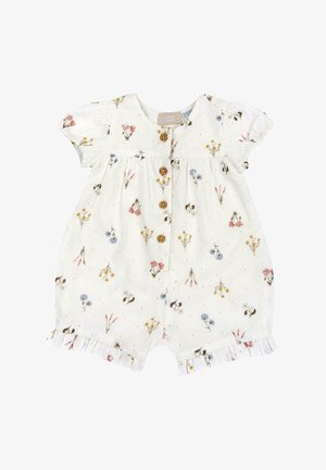 Blumengemusterter Jumpsuit aus cremefarbenem Stoff, mit kurzen Puffärmeln, Holzknopfverschluss und Rüschensäumen am Saum.