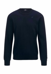 Maglione lavorato a maglia blu navy con maniche lunghe, scollo a giro e polsini a coste. Presenta un piccolo logo sull'area sinistra del petto. Tessuto morbido.