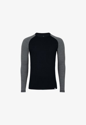 Maglietta a maniche lunghe con corpo nero e maniche raglan grigie, realizzata in tessuto morbido con una texture liscia e una minima presenza di brand.
