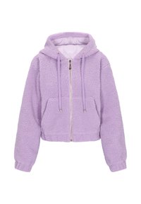 Hoodie accorciato in morbido pile viola chiaro, con chiusura a zip, tasche frontali e cordini regolabili. Superficie morbida e textured.