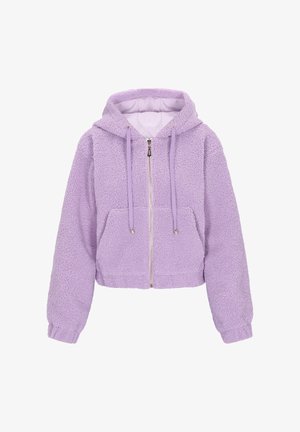 Gekürzter Hoodie aus leichtem lila Fleece-Gewebe, mit Reißverschluss, Vordertaschen und verstellbaren Kordeln. Weiche und strukturierte Oberfläche.
