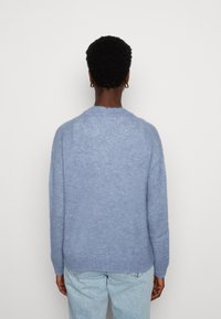 Hellblauer Strickpullover mit rundem Ausschnitt und langen Ärmeln. Der Stoff wirkt weich mit einer leicht flauschigen Textur.