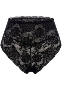 Zwarte hooggesneden kanten slipjes met bloemmotieven, golvende randen en doorzichtige details voor een delicate, textuurrijke uitstraling.