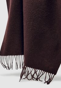 Brūns vilnas segas ar saplaukušām malām un mīkstu tekstūru. Stūrī ir smalks logo, kas parāda amatniecību un uzmanību detaļām.