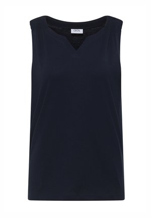 Sleeveless navy blue women’s top with a slight V-neck and gathered fabric detail on the shoulders, branded with a small label inside collar.