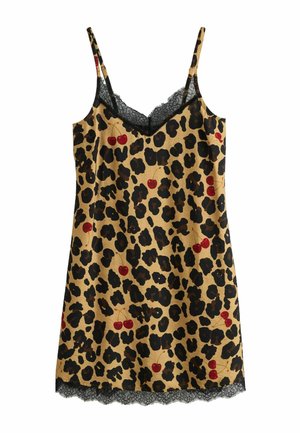 Sleeveless satin slip dress with black lace trim, tan background, black leopard spots, and scattered red cherry print.
