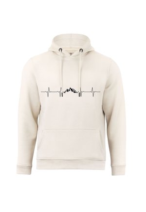 Cream hoodie featuring a heartbeat line design with mountain silhouettes, drawstring hood, and front pocket. Soft fabric with ribbed cuffs.