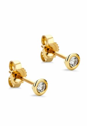 Goldene Ohrstecker mit einem runden klaren Stein, der in einer glatten, kreisförmigen Fassung eingelassen ist. Einfaches Design mit polierter Oberfläche und metallischem Glanz.