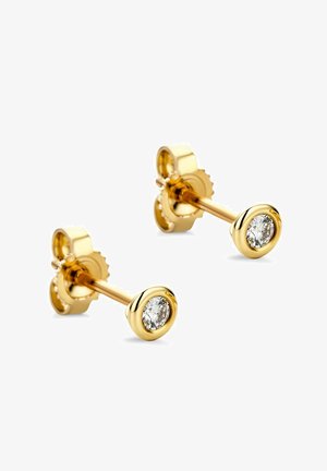 Złote kolczyki wkręty z okrągłym przezroczystym kamieniem osadzonym w gładkiej, okrągłej oprawie. Prosty design z polerowanym wykończeniem i metalicznym połyskiem.