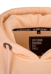Perzikkleurige hoodie met een zachte textuur, voorzien van een trekkoord, zilveren oogje en een zwart label met de merknaam en oprichtingsjaar.