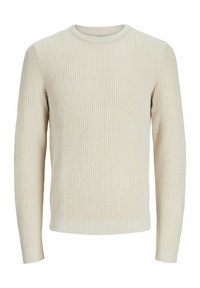 Sweter w kolorze kremowym, wykonany na drutach, z prążkowaną teksturą, okrągłym dekoltem i długimi rękawami. Posiada dopasowane wykończenie u dołu i przy mankietach.